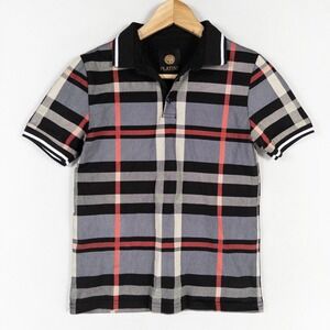 Platini Polo Shirt Kids Boys 10 Black Plaid Cotton Short Sleeve Preppy Casual
